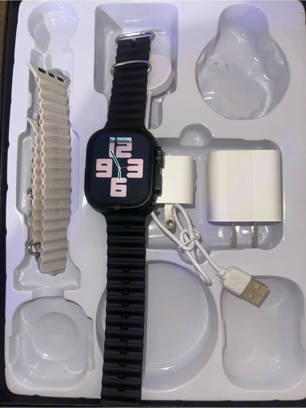 Unbranded Black Smartwatch with Extra Beige Strap and Charger
